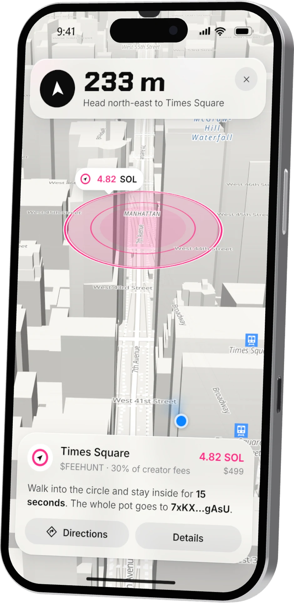 The Fee Hunt app on an iPhone, hunting the Times Square drop